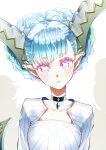  1girl black_choker blue_hair choker colored_eyelashes curled_horns dress fate/grand_order fate_(series) highres horns larva_tiamat_(fate) light_blue_hair long_hair looking_at_viewer outerrace_ik pink_eyes pointy_ears portrait ribbed_dress solo symbol-shaped_pupils tiamat_(fate) 
