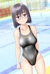  1girl absurdres black_hair breasts brown_eyes clothes_writing collarbone commentary_request competition_swimsuit cowboy_shot dutch_angle glasses grey_one-piece_swimsuit highleg highleg_swimsuit highres large_breasts one-piece_swimsuit original pool short_hair solo standing string_of_flags swimsuit takafumi two-tone_swimsuit variant_set 