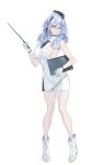  1girl absurdres ako_(blue_archive) alternate_costume blue_archive blue_hair boots breasts dress echj full_body gloves hairband highres holding holding_pointer holding_tablet_pc large_breasts medium_hair necktie pigeon-toed pointer short_necktie sideboob sleeveless sleeveless_dress standing tablet_pc white_background white_dress white_gloves 