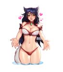  1girl ahri_(league_of_legends) alternate_costume animal_ears bare_shoulders bikini black_hair blushyspicy breasts cleavage day facial_mark fox_ears fox_tail large_breasts league_of_legends long_hair looking_at_viewer navel smile solo standing swimsuit tail transparent_background wading water whisker_markings 