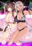  2girls absurdres alternate_costume arm_around_waist asymmetrical_bangs bikini black_bikini black_nails blurry breasts brown_eyes brown_hair cleavage collarbone commentary_request dark-skinned_female dark_skin depth_of_field fireworks grey_hair hand_on_another&#039;s_shoulder high_ponytail highres holding holding_phone kantai_collection large_breasts long_hair looking_at_phone multiple_girls musashi_(kancolle) night night_sky open_mouth oyster partially_submerged phone pink_bikini sarong selfie shell_hair_ornament sitting sky smile swimsuit very_long_hair yamato_(kancolle) yunamaro 