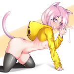  1girl absurdres all_fours animal_ears black_thighhighs blush bob_cut bottomless breasts bright_pupils cat_ears cat_girl cat_tail claw_pose commentary emoji fir3born from_side hand_up heart highres hood hood_down hooded_shrug long_sleeves looking_at_viewer navel nipples no_shirt original parted_lips pink_eyes pink_hair ribs romaji_text short_hair shrug_(clothing) sidelocks simple_background skindentation small_breasts solo spoken_heart tail tail_raised teeth thick_thighs thighhighs thighs thonk_(fir3born) white_pupils 