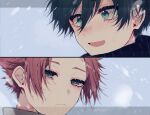  2boys black_hair black_scarf blue_background blue_eyes blue_lock brothers closed_mouth highres itoshi_rin itoshi_sae male_focus multiple_boys natsuneco_02 open_mouth portrait red_hair scarf short_hair siblings smile split_screen 