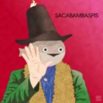  1other album_cover album_cover_redraw animal_head animal_name artist_logo black_headwear black_mouth captain_beefheart commentary cover derivative_work fish fish_head hand_up hat ihitarou long_sleeves looking_at_viewer open_hand open_mouth parody red_background sacabambaspis simple_background top_hat triangle_mouth trout_mask_replica upper_body 