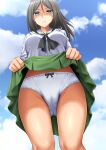  1girl absurdres black_hair black_neckerchief blouse blue_eyes blue_sky bow bow_panties closed_mouth cloud cloudy_sky commentary_request commission crotch_seam day from_below frown girls_und_panzer glaring green_skirt half-closed_eyes highres lifted_by_self long_hair long_sleeves looking_at_viewer miniskirt neckerchief nonna_(girls_und_panzer) ooarai_school_uniform outdoors panties partial_commentary pleated_skirt sailor_collar school_uniform serafuku shirt skeb_commission skirt sky solo standing swept_bangs underwear white_panties white_sailor_collar white_shirt zanntetu 