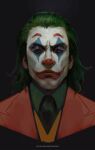  1boy arthur_fleck clown commentary english_commentary facebook_username facepaint formal green_hair green_shirt hair_dye highres hollow_eyes jacket joker_(2019) joker_(dc) looking_at_viewer medium_hair red_jacket red_nose red_suit shirt simple_background solo suit thefearmaster 