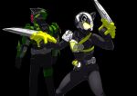  1boy 1girl armed_claw armed_claw_buckle armor black_background black_bodysuit bodysuit brother_and_sister claw_(weapon) desire_driver highres kamen_rider kamen_rider_geats_(series) kamen_rider_hakubi kamen_rider_tycoon ninja otokamu red_eyes shoulder_armor siblings weapon yellow_eyes 