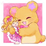  1girl asahina_mirai bear blonde_hair blush bow commentary_request creature cure_miracle earrings hair_bow hair_ornament half_updo hat heart highres hoppetoonaka3 hug jewelry long_hair magical_girl mahou_girls_precure! mini_hat mini_witch_hat mofurun_(mahou_girls_precure!) open_mouth pink_background pink_bow pink_headwear pink_skirt precure skirt smile star_(symbol) witch_hat 