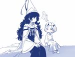  2girls agate_(tongari_boushi_no_atelier) age_difference aged_down aged_up blue_theme blush child cloak coco_(tongari_boushi_no_atelier) dress female_child flower_wreath hat hat_ribbon head_wreath height_difference highres long_hair long_sleeves looking_at_another looking_to_the_side monochrome multiple_girls open_mouth own_hands_together profile puffy_long_sleeves puffy_sleeves ribbon shoes short_hair spot_color surprised thought_bubble time_paradox tongari_boushi_no_atelier translation_request wide_sleeves wizard_hat yongji_(moli1023) 