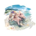 1girl azusa_(granblue_fantasy) bandaged_hand bandages beach bikini black_skirt blush braid breasts cleavage day detached_sleeves draph flower granblue_fantasy hair_flower hair_ornament high_ponytail horns large_breasts long_hair looking_at_viewer looking_back minaba_hideo mountain ocean official_art outdoors pointy_ears ponytail purple_bikini purple_flower red_eyes seashell shell single_braid skindentation skirt sky solo starfish swimsuit transparent_background very_long_hair water wet white_hair 