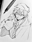  1boy absurdres art_tools_in_frame bishounen black_hair bungou_stray_dogs edogawa_ranpo_(bungou_stray_dogs) glasses hand_up hat highres male_focus monochrome necktie nepo_(neponepo216) paper pen short_hair smile solo tagme traditional_media upper_body 