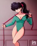  1girl black_hair blue_eyes breasts cleavage green_leotard kunou_kodachi large_breasts leotard long_hair looking_at_viewer ranma_1/2 saotome_nanda solo 