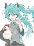  0211nami 1girl animal bird black_skirt blue_hair blue_necktie chicken collared_shirt detached_sleeves half-closed_eyes hatsune_miku holding holding_animal necktie parted_lips shirt skirt smile twintails upper_body vocaloid waving white_background 