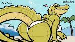  &lt;3 all_fours anthro beach big_butt bikini breasts butt clothing crocodilian day dubindore female green_body green_scales hi_res looking_at_viewer looking_back looking_back_at_viewer outside palm_tree plant rear_view reptile scales scalie seaside sky smile solo sun sun_glare swimwear thick_thighs tree 