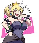  1girl bare_shoulders blonde_hair blush bowsette bracelet breasts clown collar collarbone dragon_girl dress earrings english_text genderswap genderswap_(mtf) highres horns jam-orbital jewelry large_breasts laughing looking_at_viewer mario_(series) ojou-sama_pose pointy_ears red_hair sharp_teeth sleeveless sleeveless_dress solo spiked_bracelet spiked_collar spikes super_crown teeth turtleneck 