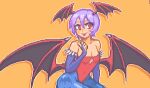  1girl animal_print bare_shoulders bat_print blue_pantyhose blush breasts cleavage closed_mouth collarbone covered_navel demon_girl demon_wings hcnone head_wings leotard lilith_aensland looking_at_viewer orange_background pantyhose pink_hair red_eyes red_leotard short_hair simple_background sitting small_breasts smile solo tongue tongue_out vampire_(game) wings 