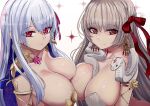  2girls armlet armor b.d bare_shoulders bikini_armor breasts cleavage collarbone durga_(fate) earrings fate/grand_order fate_(series) grey_hair hair_ribbon highres jewelry kama_(fate) large_breasts long_hair looking_at_viewer multiple_girls red_eyes ribbon smile snake 