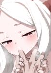  1boy 1girl ahoge black_horns blue_archive blush commentary finger_sucking half-closed_eyes hand_grab highres hina_(blue_archive) hitotose_rin horns long_hair looking_at_hand pov pov_hands purple_eyes saliva solo_focus sweat symbol-only_commentary white_hair 