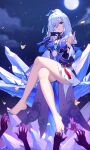  1girl absurdres bare_shoulders black_gloves black_nails blue_dress blue_sleeves breasts chinese_clothes crossed_legs detached_sleeves dress feet gloves heiyizhushenxia highres honkai:_star_rail honkai_(series) huge_moon ice_shard jingliu_(honkai:_star_rail) legs looking_at_viewer medium_breasts moon night outdoors red_eyes sitting smile thighs white_hair 