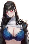  1girl black_hair black_jacket blue_archive blue_bra blush bra breasts celyn404 cleavage clothes_lift floral_print highres jacket lace-trimmed_bra lace_trim large_breasts long_hair looking_at_viewer open_clothes open_jacket parted_lips print_bra red_eyes revision rio_(blue_archive) simple_background solo sweater sweater_lift turtleneck turtleneck_sweater underwear upper_body very_long_hair white_background white_sweater 