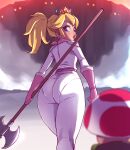  1girl absurdres ass axe battle_axe blonde_hair blue_eyes blurry blurry_background bodysuit crown gloves highres holding holding_polearm holding_weapon looking_at_viewer looking_back looking_down mario_(series) orpice_kun pink_gloves pink_scarf polearm ponytail princess_peach scarf the_super_mario_bros._movie toad_(mario) weapon white_bodysuit 