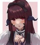  1girl au_ra avatar_(ff14) black_ribbon blush final_fantasy final_fantasy_xiv hair_ribbon highres horns iori_haori long_hair looking_at_viewer nail_polish own_hands_together parted_lips portrait puffy_sleeves red_eyes red_hair red_nails ribbon scales solo watermark 