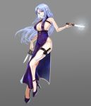  1girl absurdres alternate_costume blue_eyes blue_hair braid breasts china_dress chinese_clothes covered_navel dress dual_wielding fate/grand_order fate_(series) floral_print_dress full_body grey_background high_heels highres holding holding_knife knife large_breasts long_hair medea_(fate) print_dress purple_dress purple_footwear shibao_aoyama side_braid side_slit sleeveless sleeveless_dress solo thigh_strap very_long_hair 