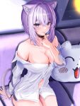  1girl ahoge animal_ear_fluff animal_ears black_collar blue_hair blush breasts cat_ears cat_girl cat_tail cleavage collar finger_to_mouth highres hololive large_breasts looking_at_viewer medium_hair naked_shirt navel nekomata_okayu nekomata_okayu_(4th_costume) official_alternate_costume purple_eyes purple_hair shirt smile tail torakichi_888 virtual_youtuber white_shirt 