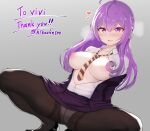  1girl black_pantyhose blush breasts breasts_out formal heart long_hair medium_breasts necktie nipples non-web_source open_clothes open_mouth open_shirt panties pantyhose purple_eyes purple_hair shirt squatting suit underwear vividly_vivi white_panties white_shirt 