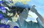  1boy absurdres aqua_eyes aqua_kimono black_hair blue_eyes blue_flower blue_sky blurry bud day depth_of_field floating_hair flower hair_between_eyes hand_up haruno_taku high_ponytail highres hot japanese_clothes kimono long_hair long_sleeves looking_away looking_to_the_side male_focus morning_glory nature original parted_lips ponytail portrait sky summer sweat trellis white_flower 