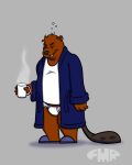  anthro beaver beverage black_nose blue_bathrobe blue_clothing blue_robe briefs brown_body brown_fur buckteeth clothing coffee_mug eyes_closed foxmanad fur grey_background hi_res holding_beverage holding_object male mammal mature_male morning robe rodent shadow shirt signature simple_background slippers solo steam teeth teeth_showing tighty_whities topwear underwear white_briefs white_clothing white_shirt white_topwear white_underwear 