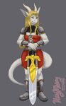 anthro armor blonde_hair dragon dulcine grey_background grey_body grey_skin hair holding_object holding_sword holding_weapon horn itsymitsy long_hair looking_at_viewer male melee_weapon simple_background solo standing sword watermark weapon yellow_eyes 