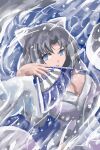  1girl absurdres breasts copyright_request hand_fan hiclassfanclub highres holding holding_fan snow snowing yumi_(senran_kagura) 
