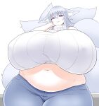 animal_humanoid belly big_breasts breasts canid canid_humanoid canine canine_humanoid female fox_humanoid futon_(artist) grey_hair hair hi_res huge_breasts huge_thighs humanoid hyper hyper_breasts hyper_thighs looking_at_viewer mammal mammal_humanoid midriff multi_tail navel overweight overweight_female overweight_humanoid purple_eyes simple_background smile solo tail thick_thighs unknown_character wide_hips 