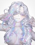  1girl breasts colored_eyelashes hair_censor highres iridescent large_breasts long_hair multicolored_eyes multicolored_hair nude original quasarcake rainbow_eyes rainbow_hair simple_background smile solo upper_body white_background white_hair 