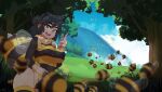  1girl absurdres bee bee_costume black_hair blue_eyes blue_sky blurry blurry_foreground borrowed_character bug cloud covered_nipples deus_vulv fur_trim grass hand_up highres hill long_sleeves looking_at_viewer lucia_(scott_malin) open_mouth original outdoors sky smile thighhighs tree v wide_shot 