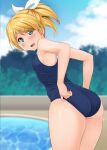  1girl adjusting_clothes adjusting_swimsuit ass blonde_hair blurry blurry_background breasts commentary competition_school_swimsuit cowboy_shot day green_eyes hair_ornament hair_ribbon hairclip hino_minato_(spec.c) kagamine_rin leaning_forward looking_back open_mouth outdoors poolside ribbon school_swimsuit short_hair short_ponytail single_bang small_breasts solo swimsuit thighs vocaloid white_ribbon 
