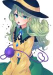  1girl alternate_hair_length alternate_hairstyle artist_name black_headwear blue_eyes buttons collared_shirt diamond_button frilled_shirt_collar frills green_hair green_skirt hair_between_eyes hat heart heart_of_string highres komeiji_koishi long_hair necono_(nyu6poko) open_mouth revision shirt signature skirt sleeves_past_fingers sleeves_past_wrists solo third_eye tongue tongue_out touhou wide_sleeves yellow_shirt 