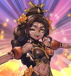  1girl :d ;d bare_shoulders braid braided_ponytail breasts brown_hair dark-skinned_female dark_skin detached_sleeves emphasis_lines facial_mark fangs flower hair_bun hair_flower hair_ornament korean_commentary la_ilusion_nidalee large_breasts league_of_legends midriff navel nidalee official_alternate_costume official_alternate_hairstyle one_eye_closed orange_flower outstretched_arms parted_bangs phantom_ix_row red_sleeves shiny_skin single_braid single_hair_bun smile solo stomach teeth tongue upper_body upper_teeth_only 