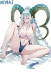  1girl bare_legs bare_shoulders barefoot bikini blue_bikini blue_hair curled_horns fate/grand_order fate_(series) feet green_horns highres horns large_horns long_hair long_horns navel ninai pink_eyes pointy_ears soles stomach_tattoo swimsuit tattoo tiamat_(fate) toes very_long_hair 