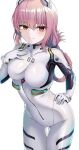  1girl ayanami_rei ayanami_rei_(cosplay) blush bodysuit braid breasts cosplay fate/grand_order fate_(series) florence_nightingale_(fate) hairpods highres interface_headset juna_(zana_lazy) large_breasts long_hair looking_at_viewer navel pilot_suit pink_hair plugsuit red_eyes simple_background skin_tight smile solo thigh_gap white_bodysuit zana_lazy 
