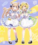  2girls absurdres animal_ear_fluff animal_ears ankle_socks apron black_bow black_choker black_footwear blonde_hair blue_bow blue_eyes bow cat_ears cat_girl cat_tail choker dress fang fish_hair_ornament frilled_apron frilled_dress frills full_body green_hair hair_ornament hairpin hanazono_serena hands_up highres maid maid_apron maid_headdress mary_janes multicolored_hair multiple_girls nhot_bot open_mouth paw_print puffy_short_sleeves puffy_sleeves purple_background red_eyes seira_mint shoes short_sleeves skin_fang socks standing tail two-tone_background virtual_youtuber white_apron white_socks wrist_cuffs yellow_background yumesaki_nana 