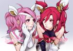  2girls ahoge asymmetrical_gloves bare_shoulders black_gloves closed_mouth earrings elbow_gloves eye_contact gloves gradient_background grey_background hair_ornament hands_on_own_chin heart highres jewelry jinx_(league_of_legends) league_of_legends long_hair looking_at_another lux_(league_of_legends) lying mismatched_gloves multiple_girls on_stomach pink_hair red_eyes red_hair sailor_collar smile star_(symbol) star_earrings star_guardian_(league_of_legends) star_guardian_jinx star_guardian_lux translation_request white_gloves white_sailor_collar wosashimi yuri 