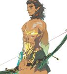  1boy armlet ass_peek bacchus_lpiii baldur&#039;s_gate baldur&#039;s_gate_3 bara bow_(weapon) brown_hair chest_hair dark-skinned_male dark_skin dungeons_and_dragons elf feet_out_of_frame from_behind gold halsin holding holding_bow_(weapon) holding_weapon looking_at_viewer looking_back male_focus mature_male medium_hair muscular muscular_male nipples pectorals pointy_ears revealing_clothes sanpaku smile solo thick_eyebrows tribal weapon 