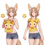  animal_humanoid blonde_hair blue_bottomwear blue_clothing blue_hotpants blue_shorts bottomwear braided_hair canid canid_humanoid canine canine_humanoid clothed clothing colored digital_media_(artwork) ear_piercing emoji female fennec_humanoid flat_chested fox_humanoid hair happy hotpants humanoid inner_ear_fluff khiara_(personalami) mammal mammal_humanoid multiple_poses personalami piercing portrait pose sad shirt shorts simple_background solo standing tail three-quarter_portrait topless topwear tuft yellow_clothing yellow_eyes yellow_shirt yellow_topwear 