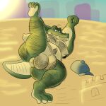  absurd_res alligator alligatorid anthro balls beach body_hair butt_hair chest_hair clothing crocodilian genitals hairy hairy_balls hat headgear headwear hi_res humanoid leg_hair light looking_at_viewer male musclegut nude_beach possbooty raised_leg reptile sand scalie seaside slightly_chubby solo sunlight 