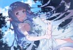  1girl :o bare_shoulders blue_eyes blue_hair blush breasts cloud day dress granblue_fantasy lily_(granblue_fantasy) long_hair looking_at_viewer minaba_hideo official_art outdoors pointy_ears sky small_breasts solo water wet wet_clothes wet_dress white_dress 