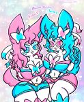  anthro blue_eyes blue_hair bottomwear breasts cleavage clothed clothing duo eeveelution english_text female generation_6_pokemon gesture hair hi_res lewdchuu_(artist) navel nintendo pink_eyes pink_hair pokemon pokemon_(species) shiny_pokemon shorts sylveon tail text thick_thighs v_sign white_body 