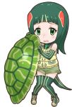  1girl elbow_gloves gloves green_eyes green_hair highres kemono_friends kneehighs looking_at_viewer necktie official_art open_mouth red-eared_slider_(kemono_friends) shield shirt shoes short_hair shorts simple_background sleeveless socks solo tail turtle_shell vest yoshizaki_mine 