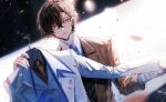  1boy absurdres bandaged_arm bandaged_neck bandages baocaizi black_background black_shirt blue_necktie brown_eyes brown_hair brown_jacket bungou_stray_dogs coat collared_shirt commentary dazai_osamu_(bungou_stray_dogs) english_commentary formal hangar highres holding holding_clothes jacket looking_to_the_side male_focus necktie shirt short_hair smile solo suit two-tone_background upper_body vest white_background white_coat white_shirt white_suit white_vest 